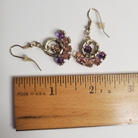 Purple beaded dangle circle earrings - vintage 1.5" long. - Picture 7 of 8